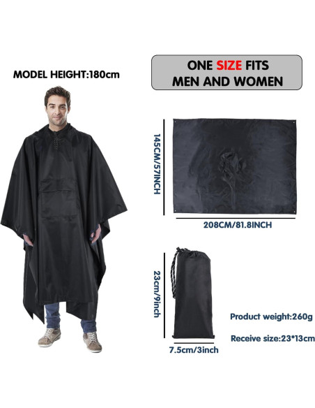 Poncho Impermeable Accevo Unisex Negro 140x210cm Ligero Reutilizable