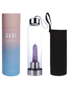 Botella de Agua de Cristal SAOI 500ml con Amatista - Vidrio y Acero Inoxidable