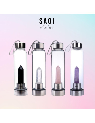 Botella de Agua de Cristal SAOI 500ml con Amatista - Vidrio y Acero Inoxidable