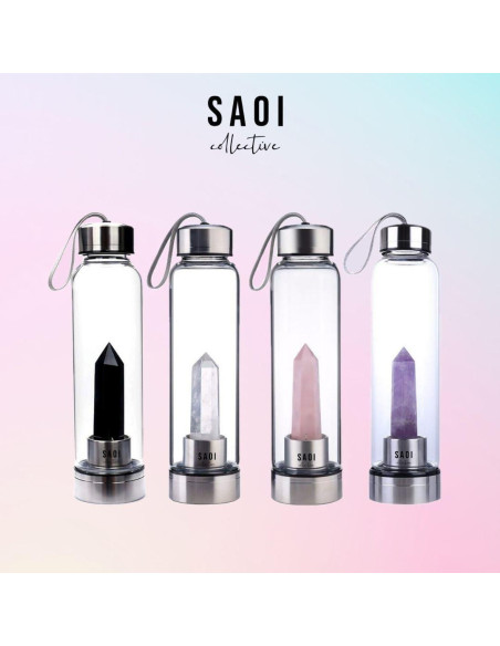 Botella de Agua de Cristal SAOI 500ml con Amatista - Vidrio y Acero Inoxidable