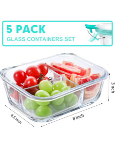 Contenedores de Vidrio VERONES 5 Piezas 3 Compartimentos 1080ml 2