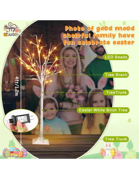 Árbol de Abedul Blanco de Pascua 1.2m con 24 Huevos y Luces LED
