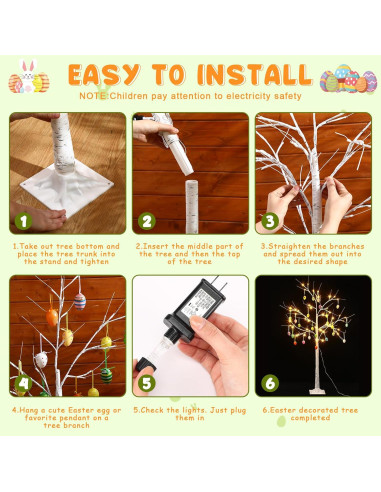 Árbol de Abedul Blanco de Pascua 1.2m con 24 Huevos y Luces LED