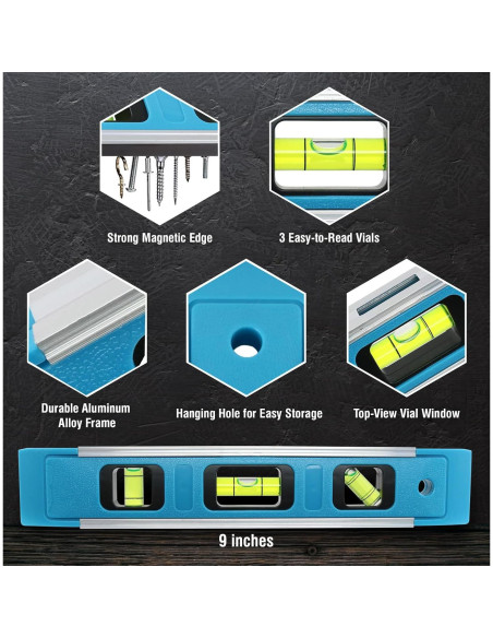 Nivel Torpedo Magnético 23 cm Genérico con 3 Frascos de Burbuja