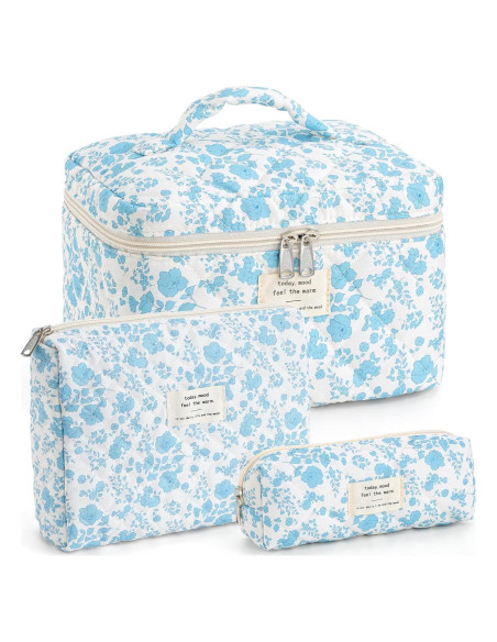 Bolsa de Maquillaje Acolchada UUYUUY Floral Azul Cielo 3 Piezas
