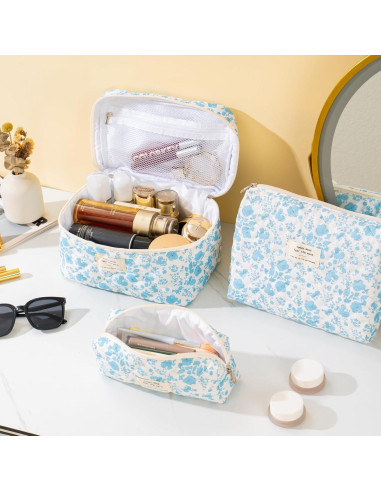 Bolsa de Maquillaje Acolchada UUYUUY Floral Azul Cielo 3 Piezas