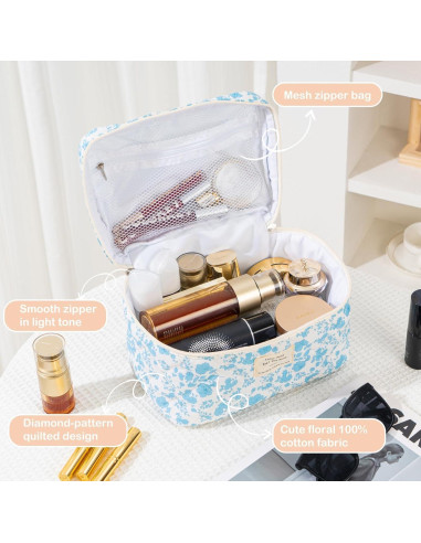 Bolsa de Maquillaje Acolchada UUYUUY Floral Azul Cielo 3 Piezas