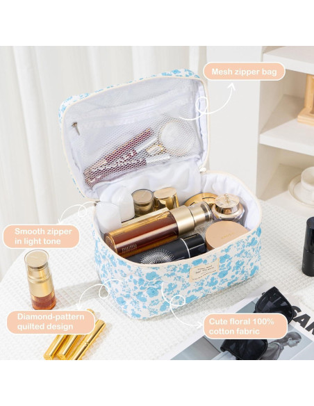 Bolsa de Maquillaje Acolchada UUYUUY Floral Azul Cielo 3 Piezas