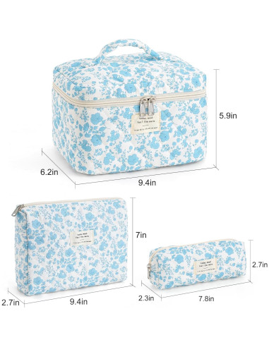 Bolsa de Maquillaje Acolchada UUYUUY Floral Azul Cielo 3 Piezas