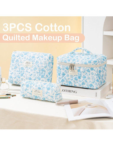 Bolsa de Maquillaje Acolchada UUYUUY Floral Azul Cielo 3 Piezas