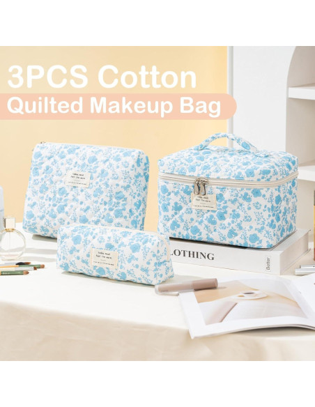 Bolsa de Maquillaje Acolchada UUYUUY Floral Azul Cielo 3 Piezas