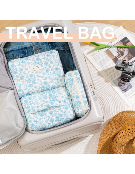 Bolsa de Maquillaje Acolchada UUYUUY Floral Azul Cielo 3 Piezas