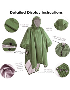 Poncho Impermeable QIANQUHUI Verde Militar Unisex 220x140 cm 2