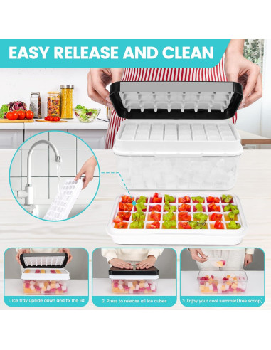 Bandejas de Hielo TECHSHARE con Tapa y Contenedor - 64 Cubos