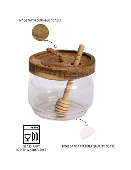 Tarro de Miel de Vidrio Dstuff 255ml con Tapa de Acacia y Cuchara
