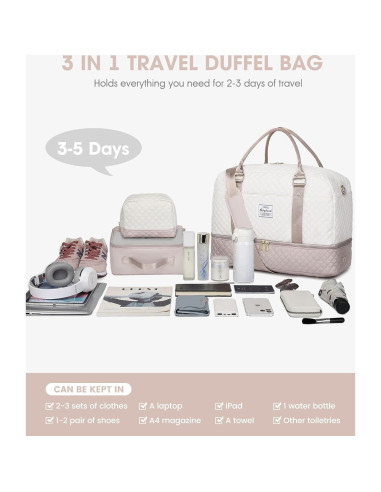 Bolsa de Viaje Duffle Grande Beige para Mujeres 40L con Compartimentos