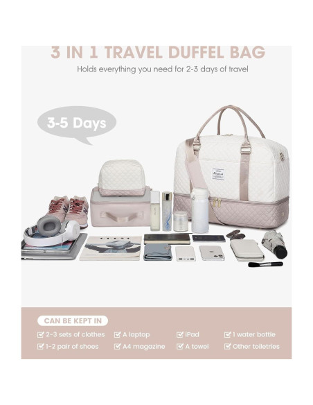 Bolsa de Viaje Duffle Grande Beige para Mujeres 40L con Compartimentos