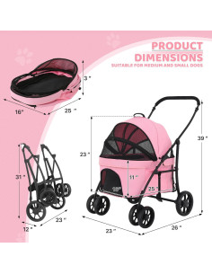 Carrito de Mascotas Magshion Rosa Plegable para Perros y Gatos 2