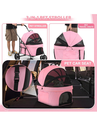 Carrito de Mascotas Magshion Rosa Plegable para Perros y Gatos