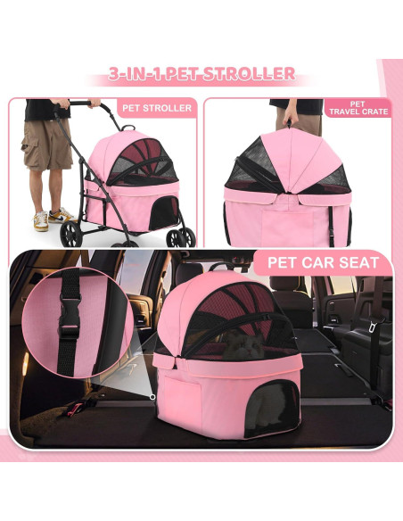 Carrito de Mascotas Magshion Rosa Plegable para Perros y Gatos