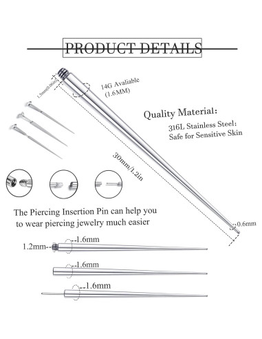 Kit de Perforación de Cuerpo Besteel 3 Pcs Acero Quirúrgico 14G 16G 18G
