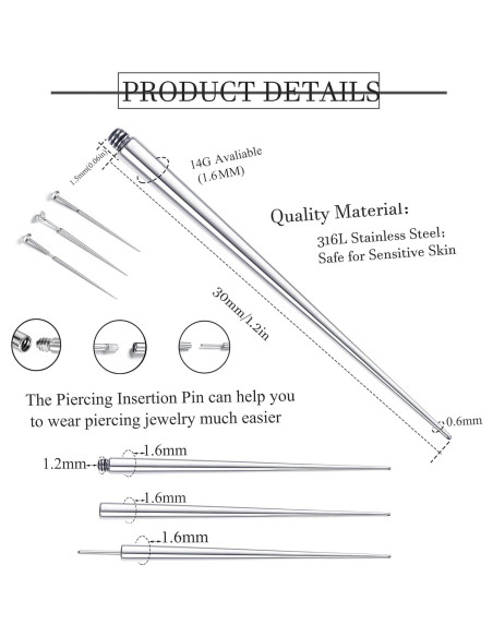 Kit de Perforación de Cuerpo Besteel 3 Pcs Acero Quirúrgico 14G 16G 18G