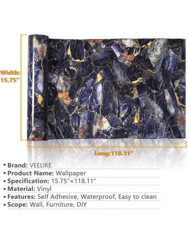 Papel Contacto de Mármol Azul Marino VEELIKE Autoadhesivo 40x300 cm