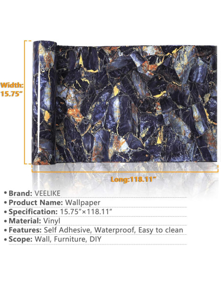 Papel Contacto de Mármol Azul Marino VEELIKE Autoadhesivo 40x300 cm