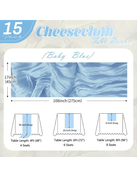 Paquete de 15 manteles de gasa azul bebé 43x274 cm Yorcari