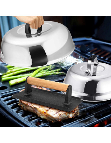 Set de Accesorios de Parrilla Leonyo: 2 Tapas y Prensa de Hierro Fundido