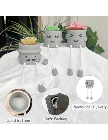 3 Macetas de Concreto con Piernas y Cara Sonriente Sizavi