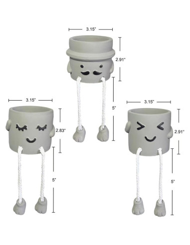 3 Macetas de Concreto con Piernas y Cara Sonriente Sizavi