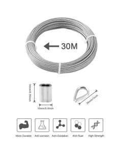 Cable de Acero Inoxidable 1/8" TooTaci 30m con Ojetes y Manguitos 2