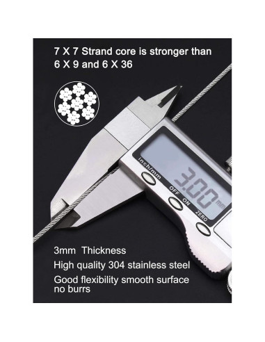 Cable de Acero Inoxidable 1/8" TooTaci 30m con Ojetes y Manguitos