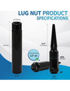 Tuercas de Rueda Negras LUJIANI 1/2"-20, 24 PCS con Llave 2