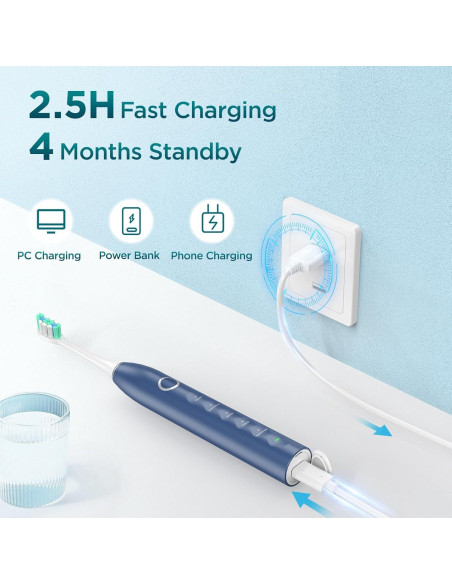Cepillo de Dientes Eléctrico Fronix Sonic Azul con 8 Cabezas