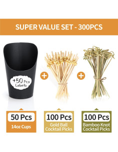 50 Tazas de Charcutería Desechables SEANSDA Negras + Palillos 2