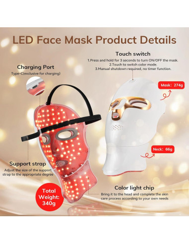 Máscara de Terapia de Luz Roja ONLUKY 120 LED Inalámbrica
