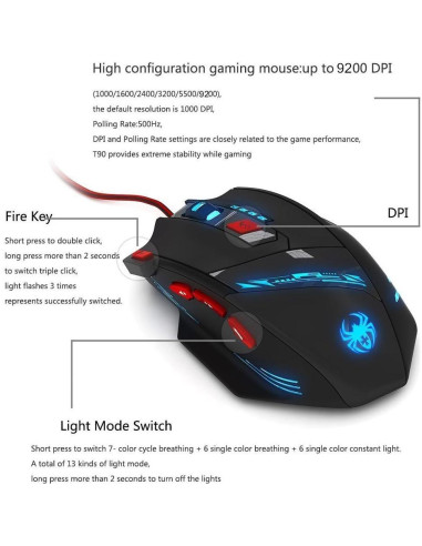 Ratón Gaming Zelotes T90 9200 DPI USB 8 Botones LED Negro