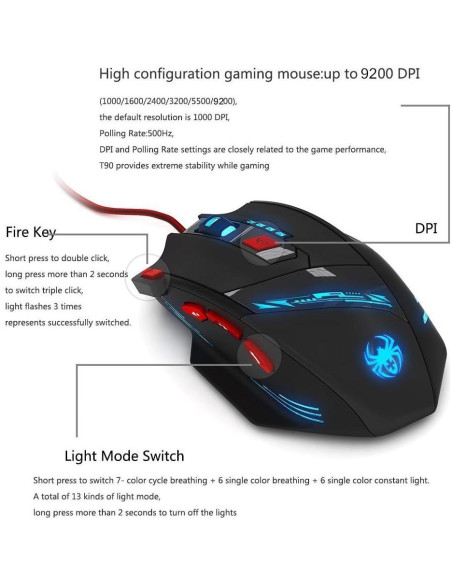 Ratón Gaming Zelotes T90 9200 DPI USB 8 Botones LED Negro