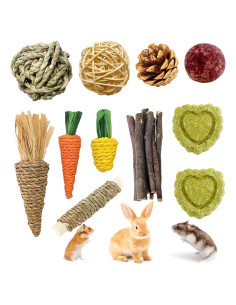 Juguetes para roer hámster DEFKIYT 11PCS Madera y Hierba