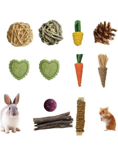 Juguetes para roer hámster DEFKIYT 11PCS Madera y Hierba 2