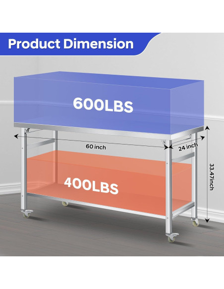 Mesa Plegable COZONY 60x24 Acero Inoxidable con Ruedas 85 cm