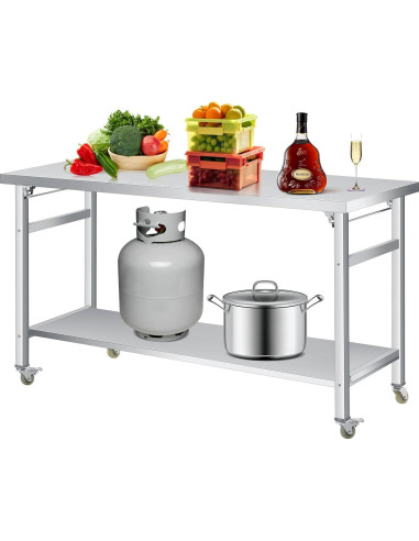 Mesa Plegable COZONY 60x24 Acero Inoxidable con Ruedas 85 cm