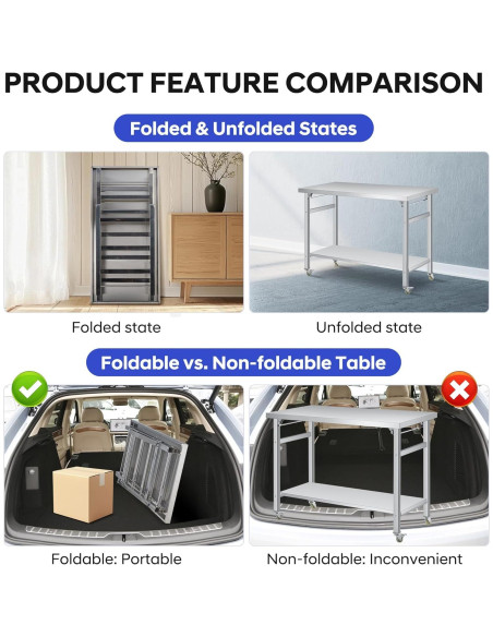 Mesa Plegable COZONY 60x24 Acero Inoxidable con Ruedas 85 cm