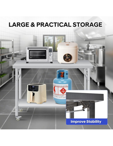 Mesa Plegable COZONY 60x24 Acero Inoxidable con Ruedas 85 cm