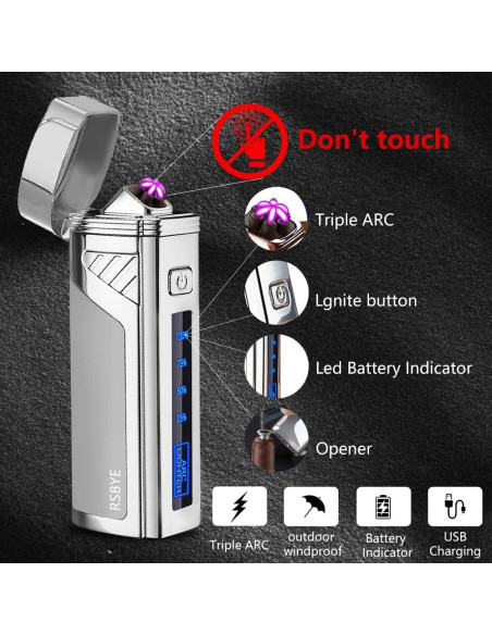 Encendedor Eléctrico Triple Arco RSBYE USB Recargable Plata