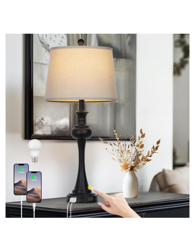 Lámpara de Mesa Táctil CINSARY Negra con Puertos USB y Bombilla