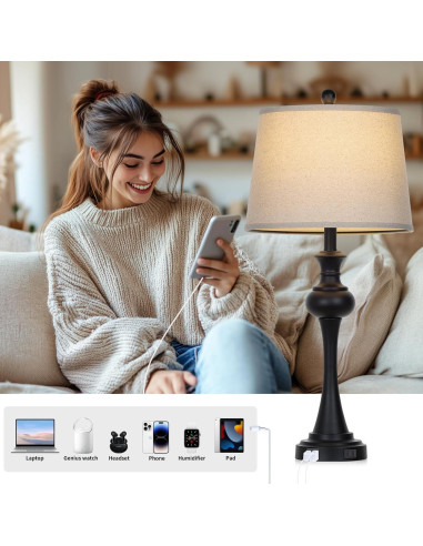 Lámpara de Mesa Táctil CINSARY Negra con Puertos USB y Bombilla