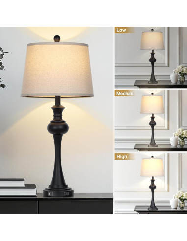 Lámpara de Mesa Táctil CINSARY Negra con Puertos USB y Bombilla